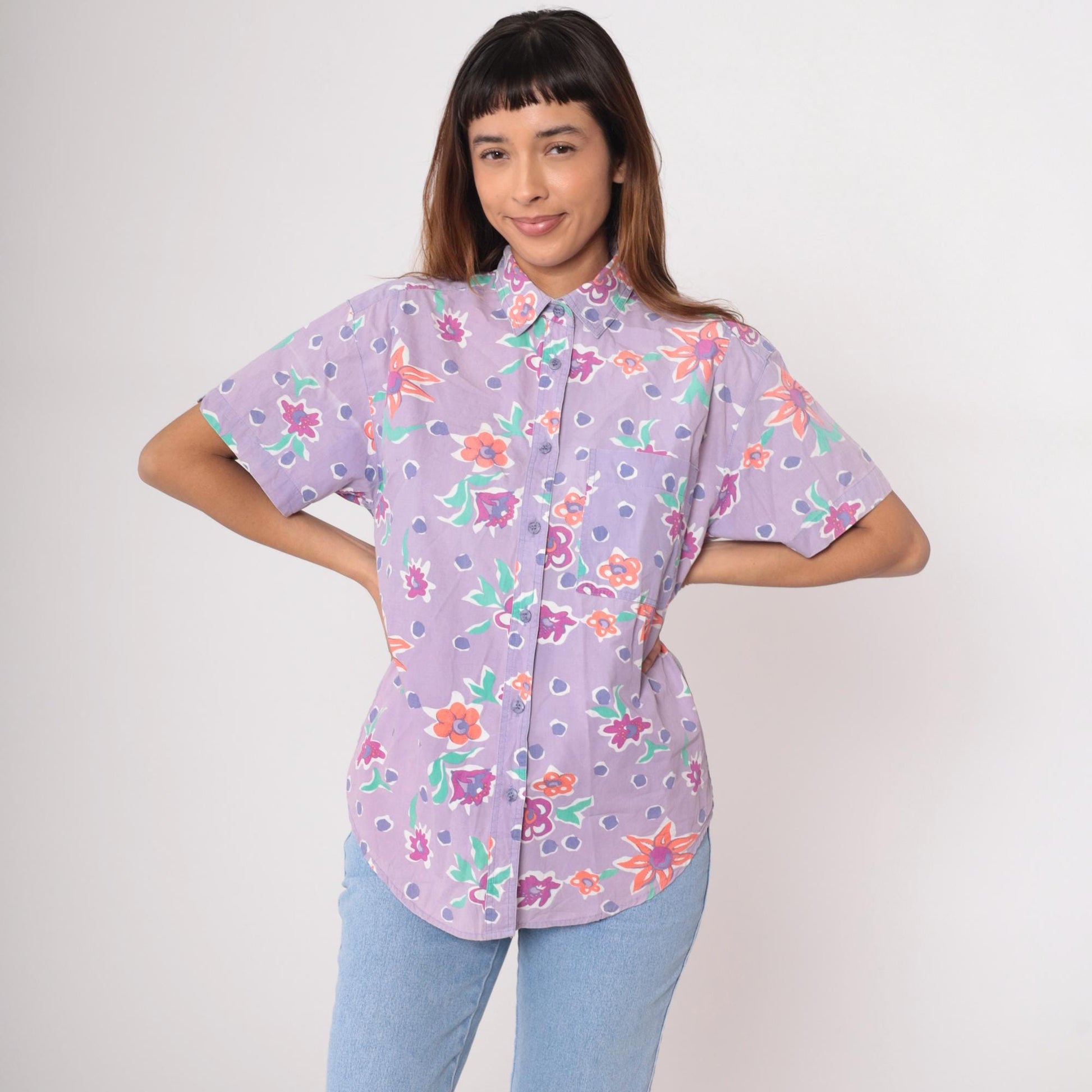 90s Preview International Floral Button-Up Blouse Purple Cotton Medium
