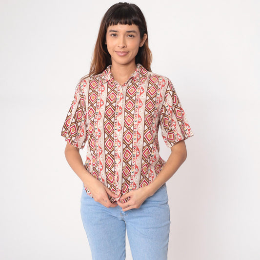 90s Roo Crossings Petites Geometric Print Button Blouse Cream Red Brown Small