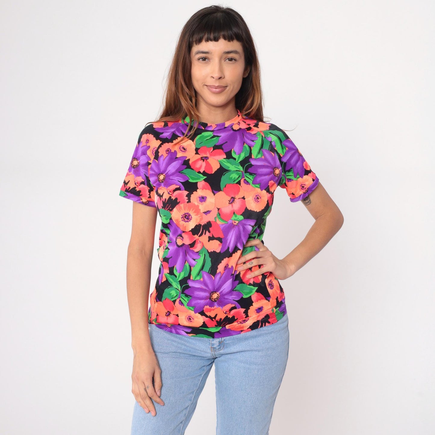 90s Floral T-Shirt Purple Orange Green Black Watercolor Print Fitted Small