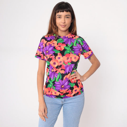 90s Floral T-Shirt Purple Orange Green Black Watercolor Print Fitted Small