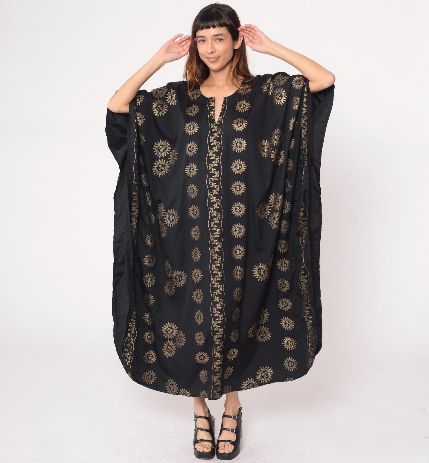 Y2K Black Caftan Sun Yin-Yang Gold Embroidered Kimono Maxi Dress One Size