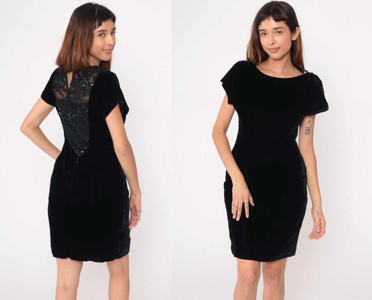 90s Black Velvet Dress Sequin Lace Back Panel Knee-Length Small S