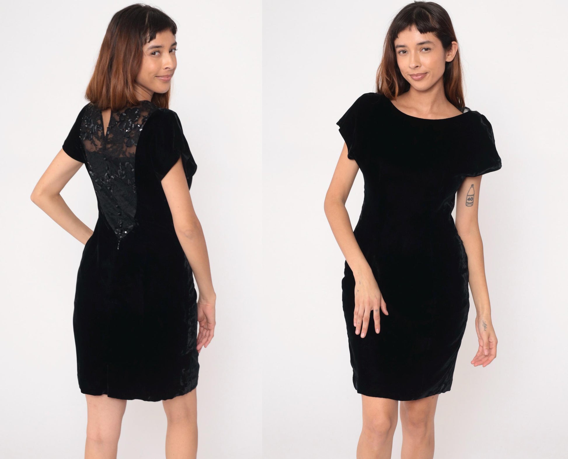 90s Black Velvet Dress Sequin Lace Back Panel Knee-Length Small S