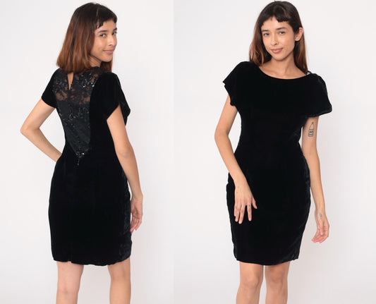90s Black Velvet Dress Sequin Lace Back Panel Knee-Length Small S