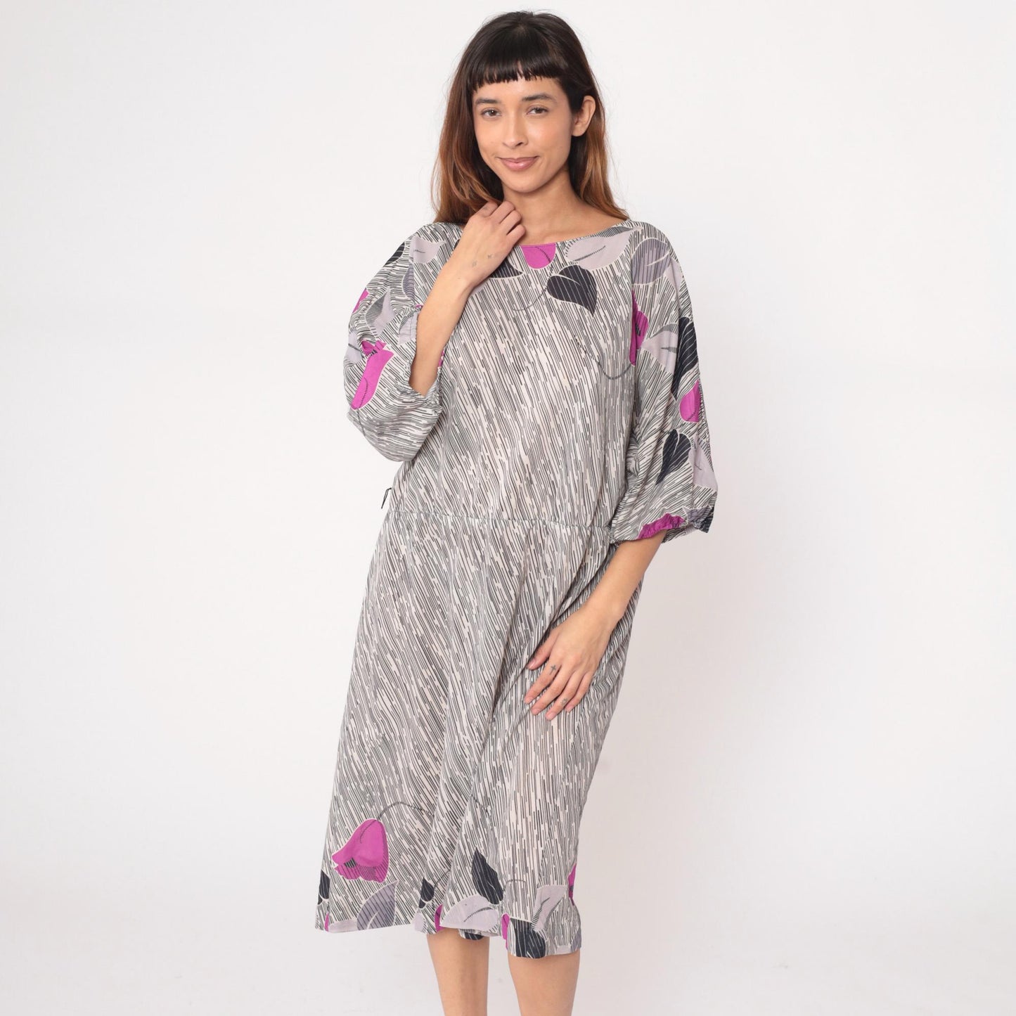 70s Abstract Maxi Dress Purple Grey Black Line Pattern Three Quarter Sleeve Extra Large