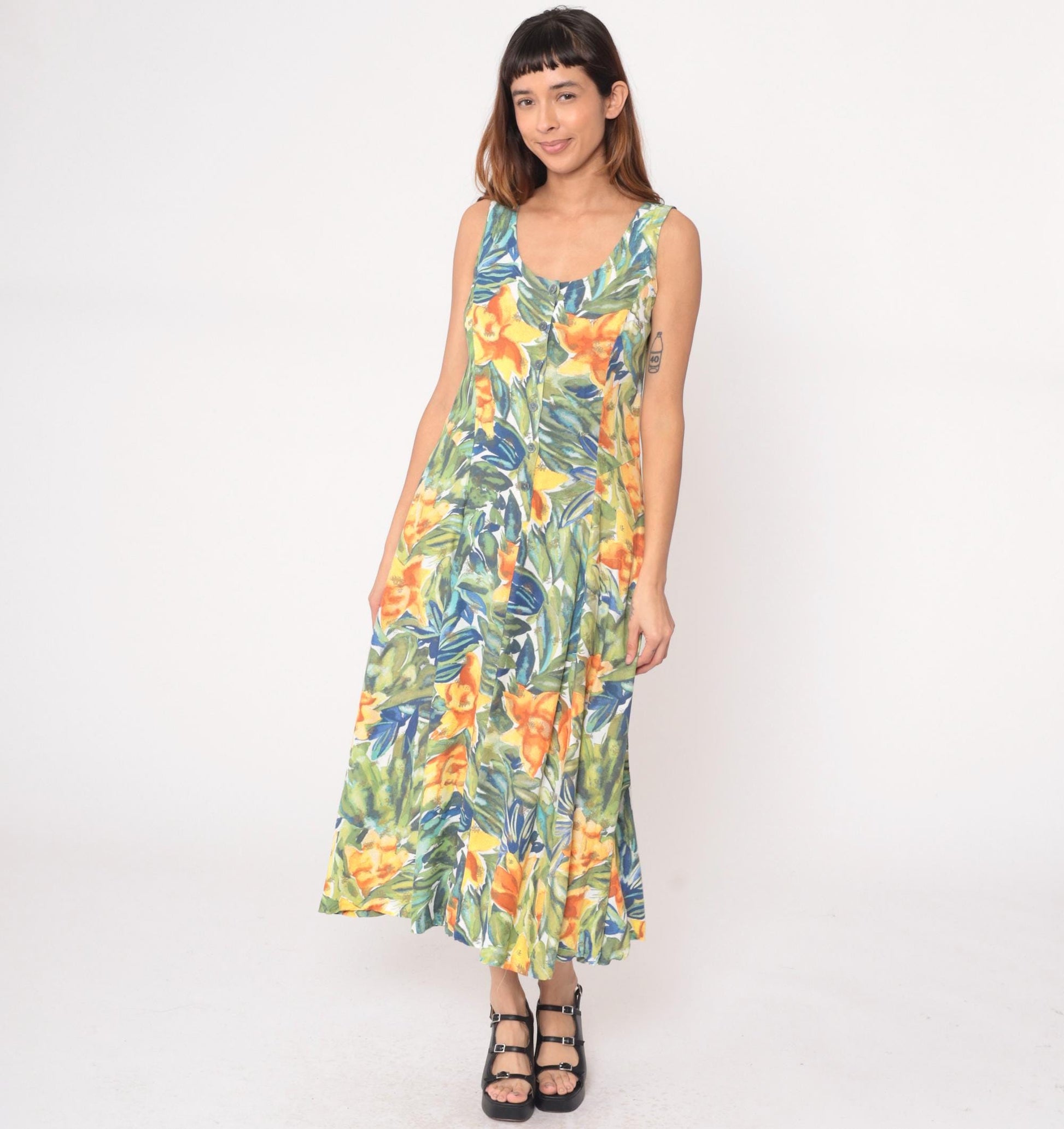 90s The Limited Tropical Floral Maxi Dress Button Front Sleeveless Medium