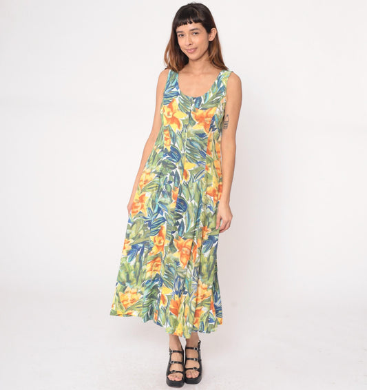 90s The Limited Tropical Floral Maxi Dress Button Front Sleeveless Medium