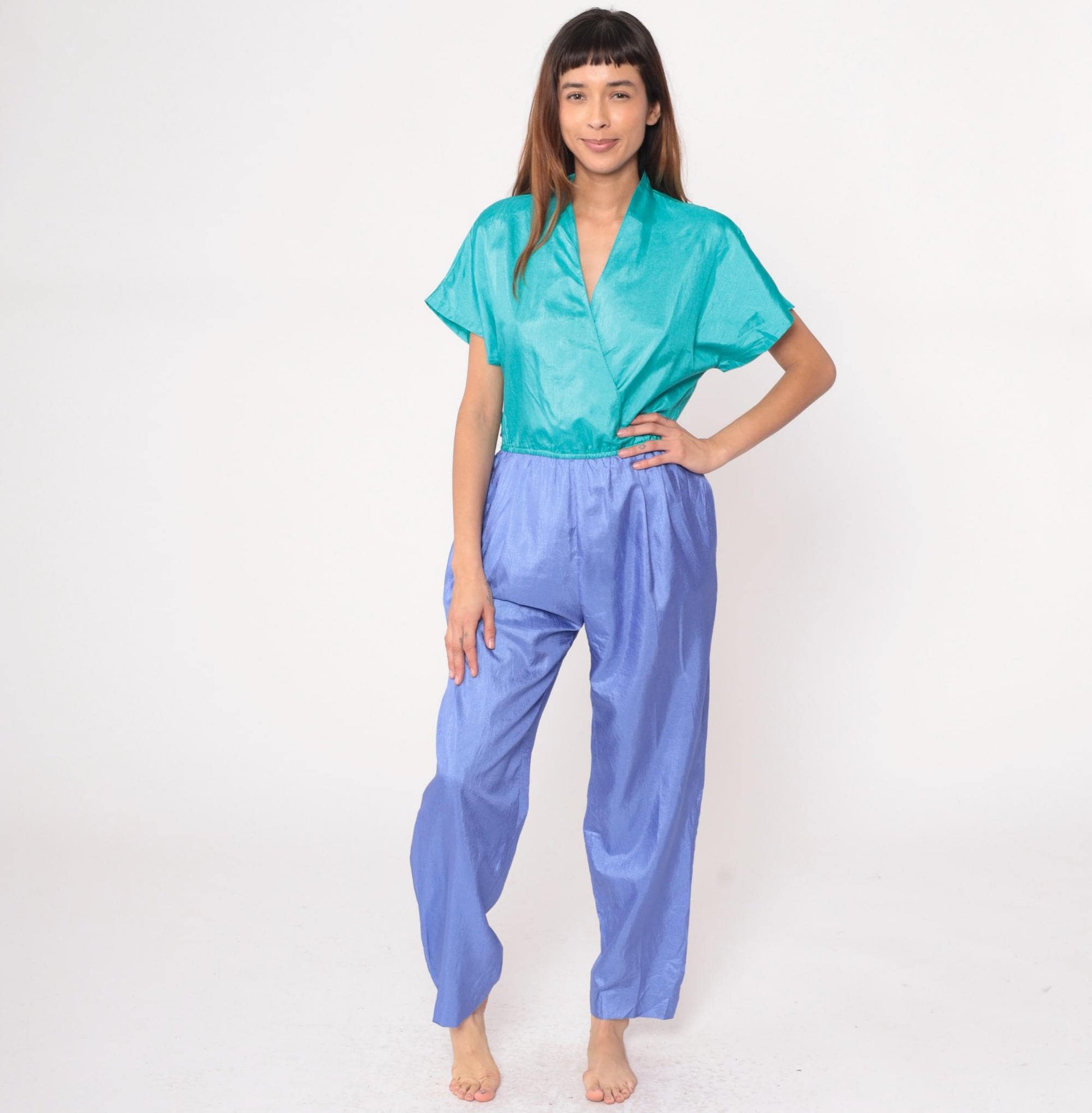 90s Joan Walters Colorblock Jumpsuit Teal Purple Wrap V-Neck Medium M
