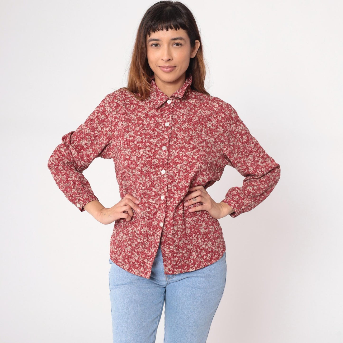 Y2K Burgundy Floral Button-Up Blouse TAK High Fashion Pointed Collar Large L