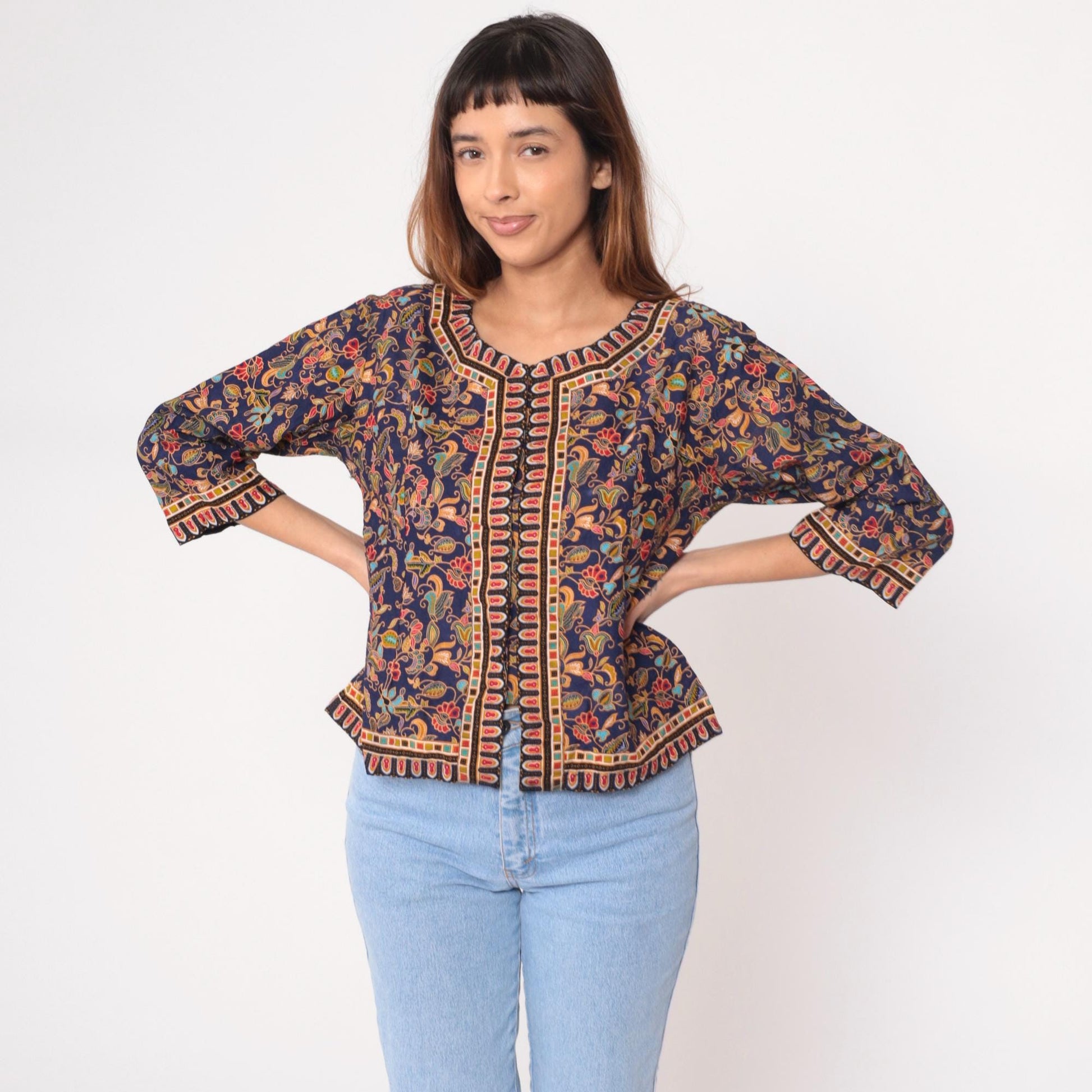 90s Navy Floral Paisley Cotton Blouse Geometric Trim Three Quarter Sleeve Small S