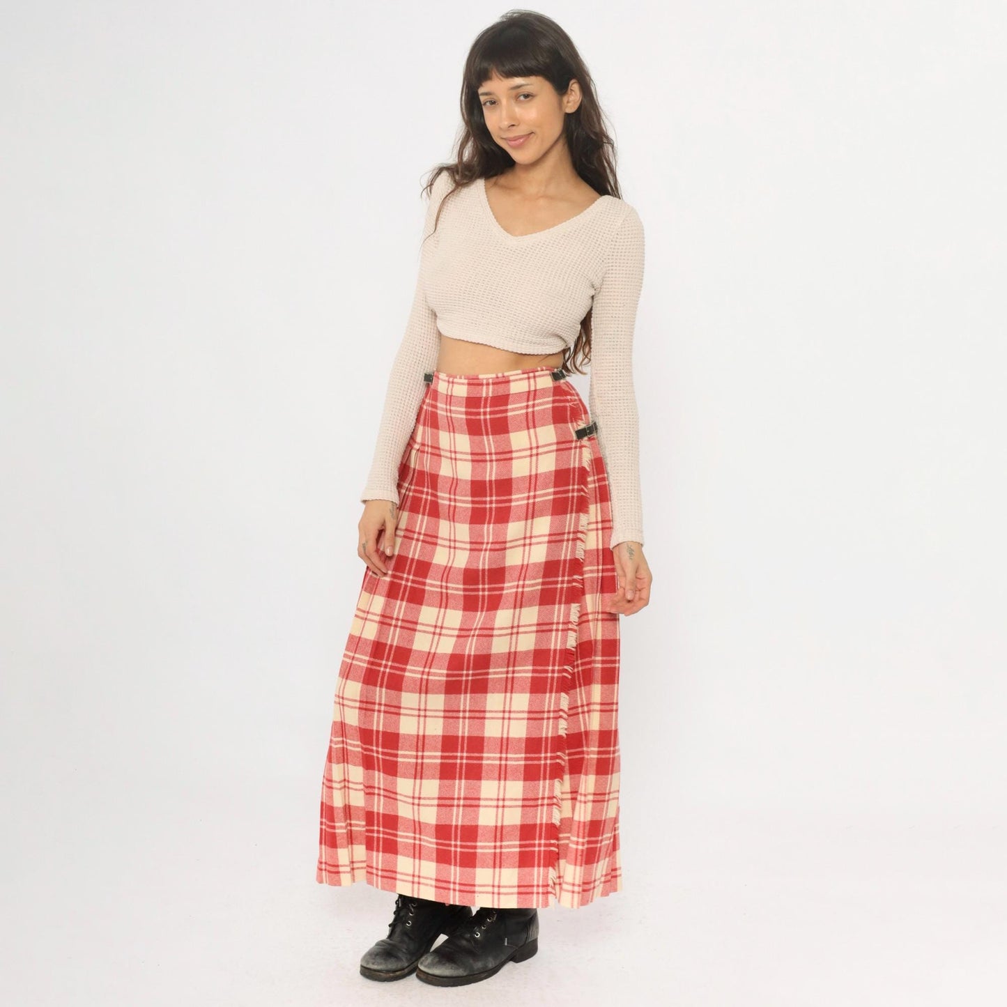 70s Laird Portch Tartan Wool Kilt Skirt Red Cream Pleated Wrap Small Medium