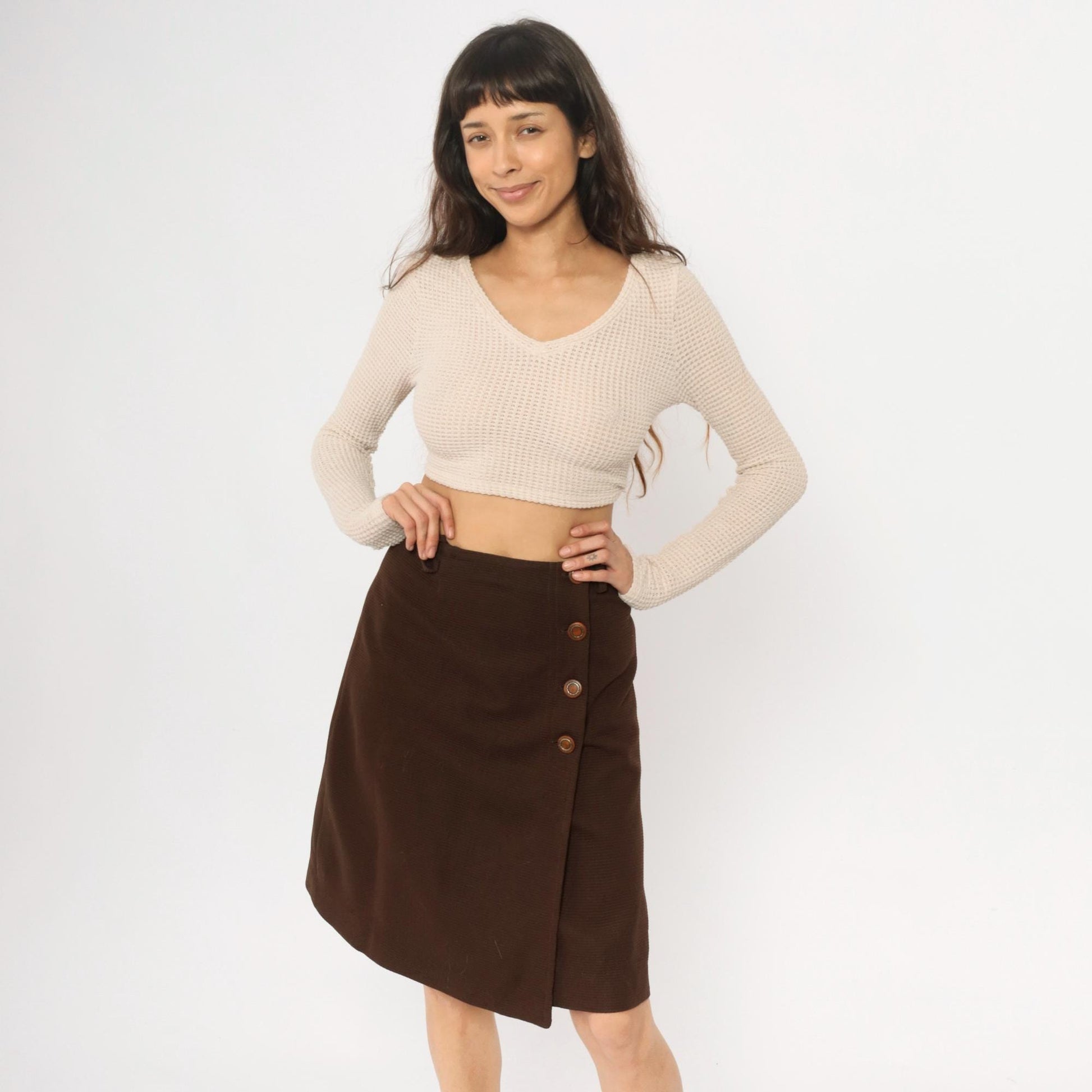 70s Brown Polyester A-Line Skirt Side Button Closure Small S
