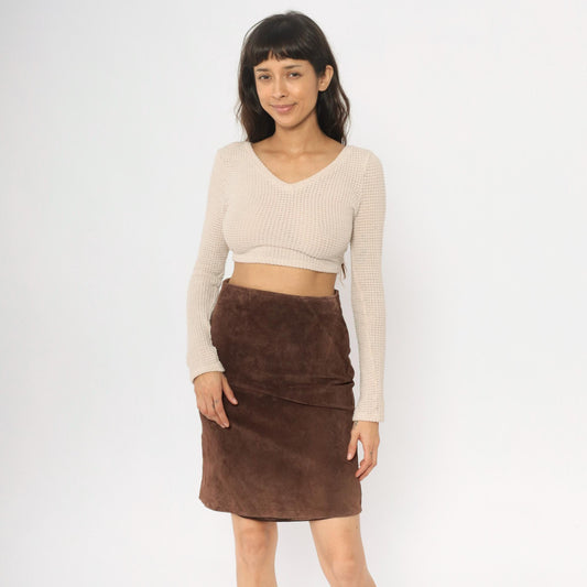 90s Brown Leather A-Line Skirt High Waisted Seam Detail Small