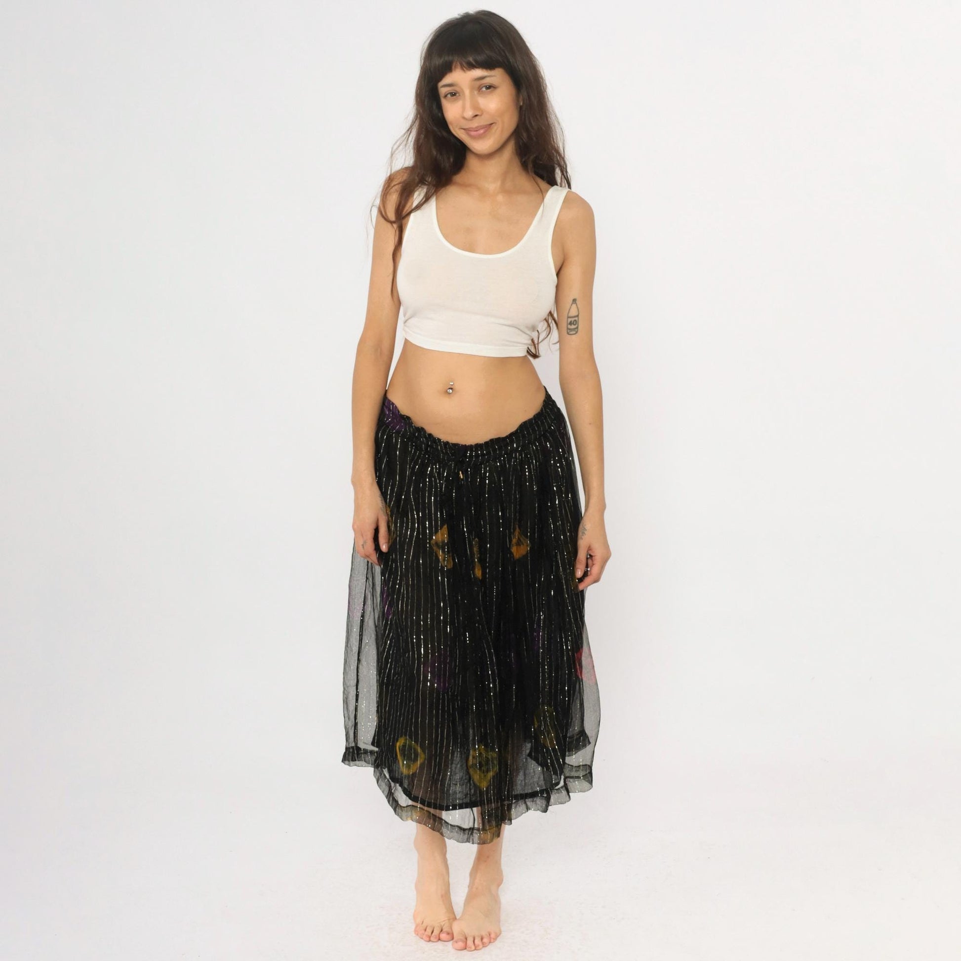 90s Black Floral Midi Skirt Metallic Pinstripe Sheer Overlay Medium