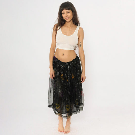 90s Black Floral Midi Skirt Metallic Pinstripe Sheer Overlay Medium