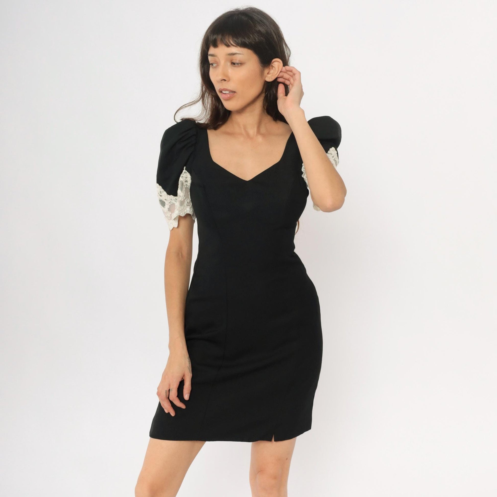 90s Alfred Angelo Black Mini Dress White Lace Puff Sleeves Small S