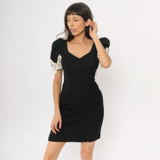 90s Alfred Angelo Black Mini Dress White Lace Puff Sleeves Small S