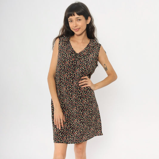 90s Black Ditsy Floral Calico Shift Dress Knee Length Medium M