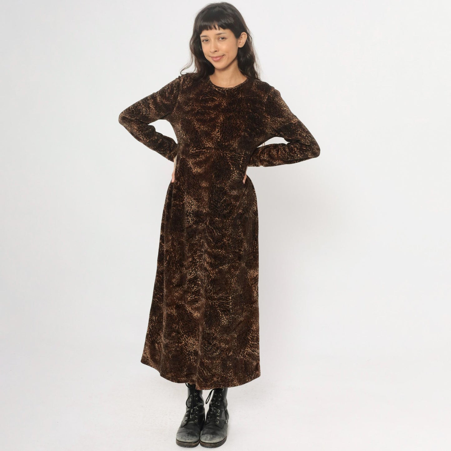 90s Jones New York Leopard Print Maxi Dress Long Sleeve Brown Medium M