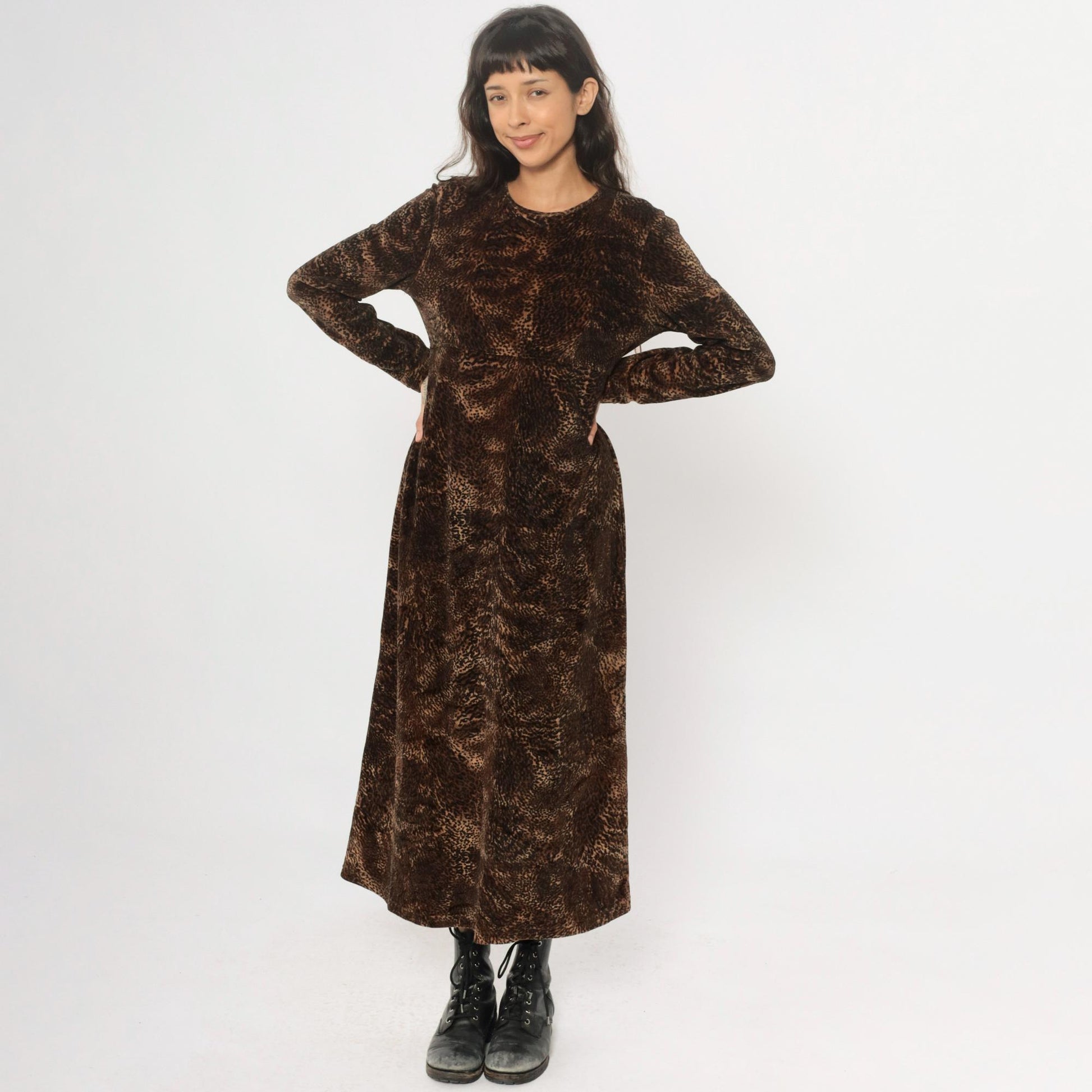 90s Jones New York Leopard Print Maxi Dress Long Sleeve Brown Medium M