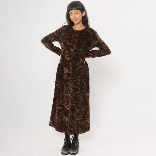 90s Jones New York Leopard Print Maxi Dress Long Sleeve Brown Medium M