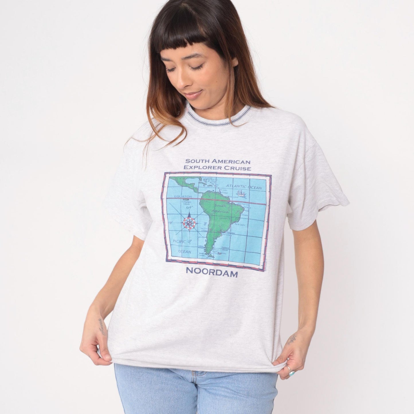 90s South American Explorer Cruise Map Tee White Cotton Large L