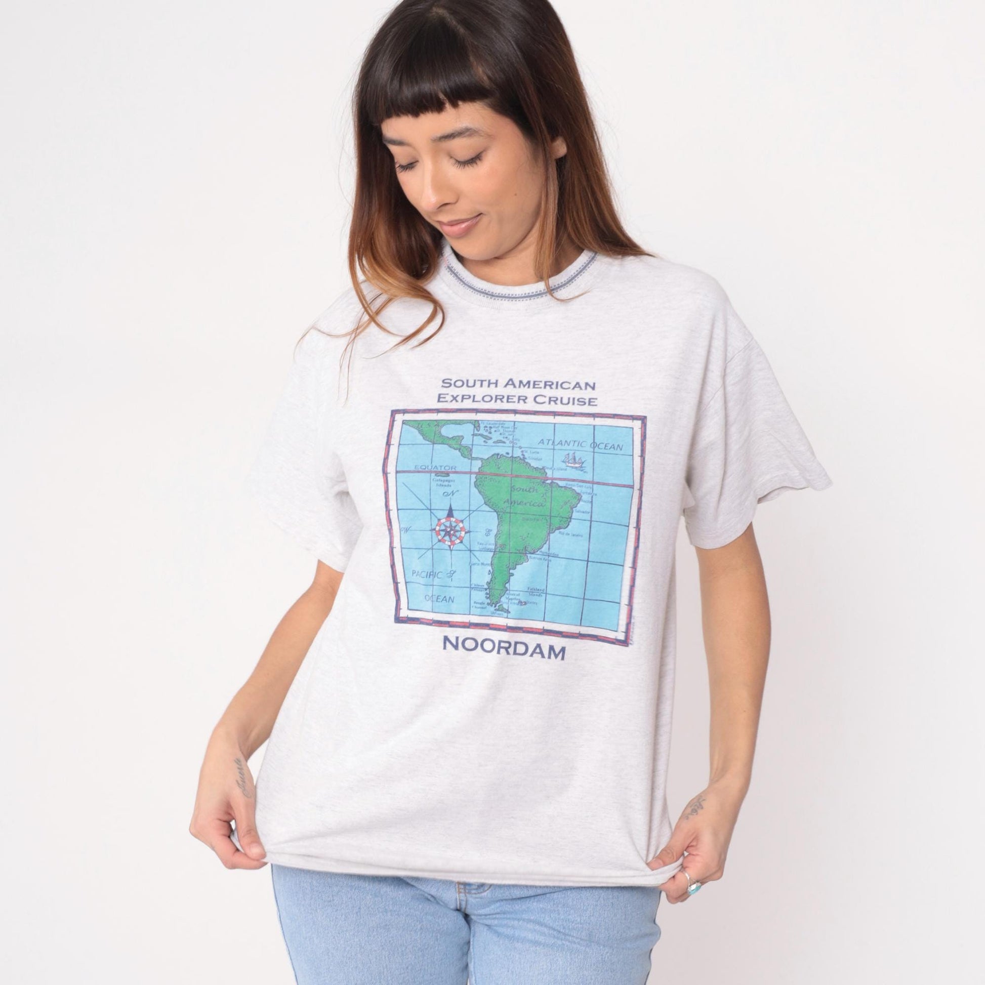 90s South American Explorer Cruise Map Tee White Cotton Large L
