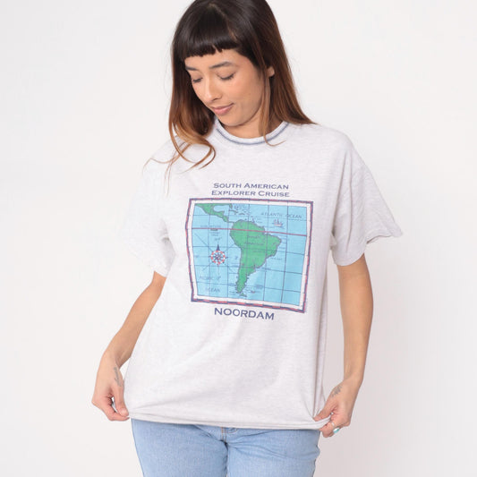 90s South American Explorer Cruise Map Tee White Cotton Large L