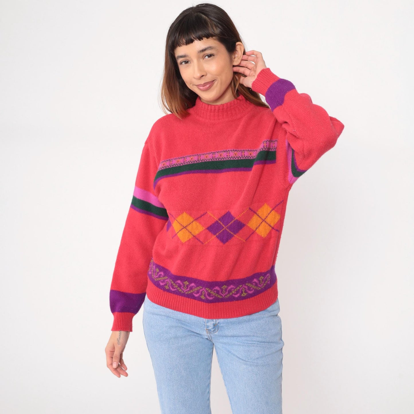80s United Colors of Benetton Argyle Mock Neck Sweater Coral Pink Small S