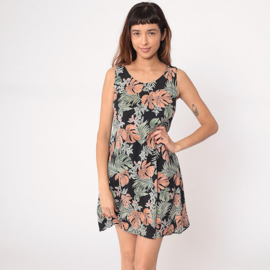 90s Pau Hana Tropical Mini Dress Black Coral Monstera Cotton Small S