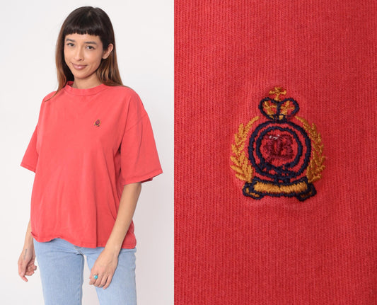 90s Bugle Boy Salmon Cotton T-Shirt Embroidered Crest Logo Large L