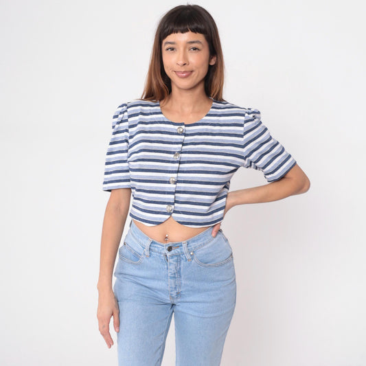 80s Striped Crop Top Puff Sleeve Button Front Navy Blue White Medium