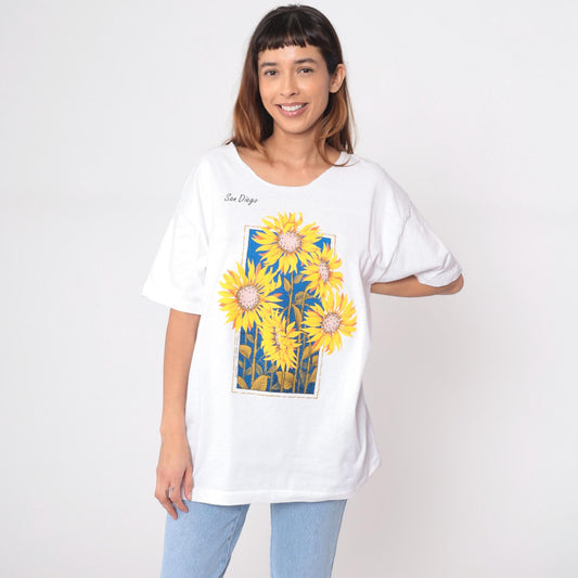 90s San Diego Sunflower Graphic Tee White Cotton T Shirt Large L