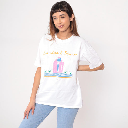 90s Landmark Square Long Beach Graphic Tee White Cotton XL