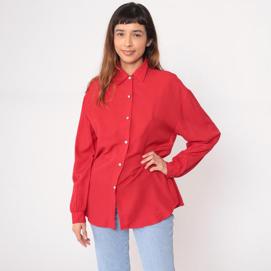 90s Jessica Stevens Coral Red Button-Up Shirt Pearl Snaps Medium M