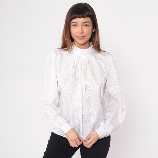 90s White Mock Neck Blouse Keyhole Back Pleated Front Medium M