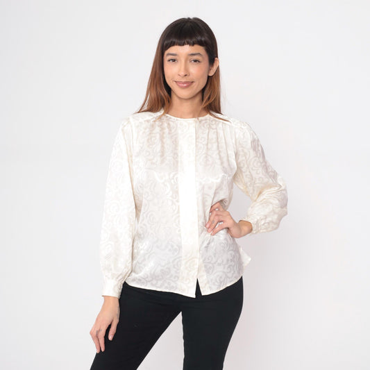 80s Claude Bennet Cream Jacquard Blouse Gathered Shoulders Small