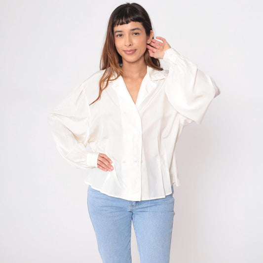 90s Alyssa Cream Button-Front Blouse Notched Collar Long Sleeve Large