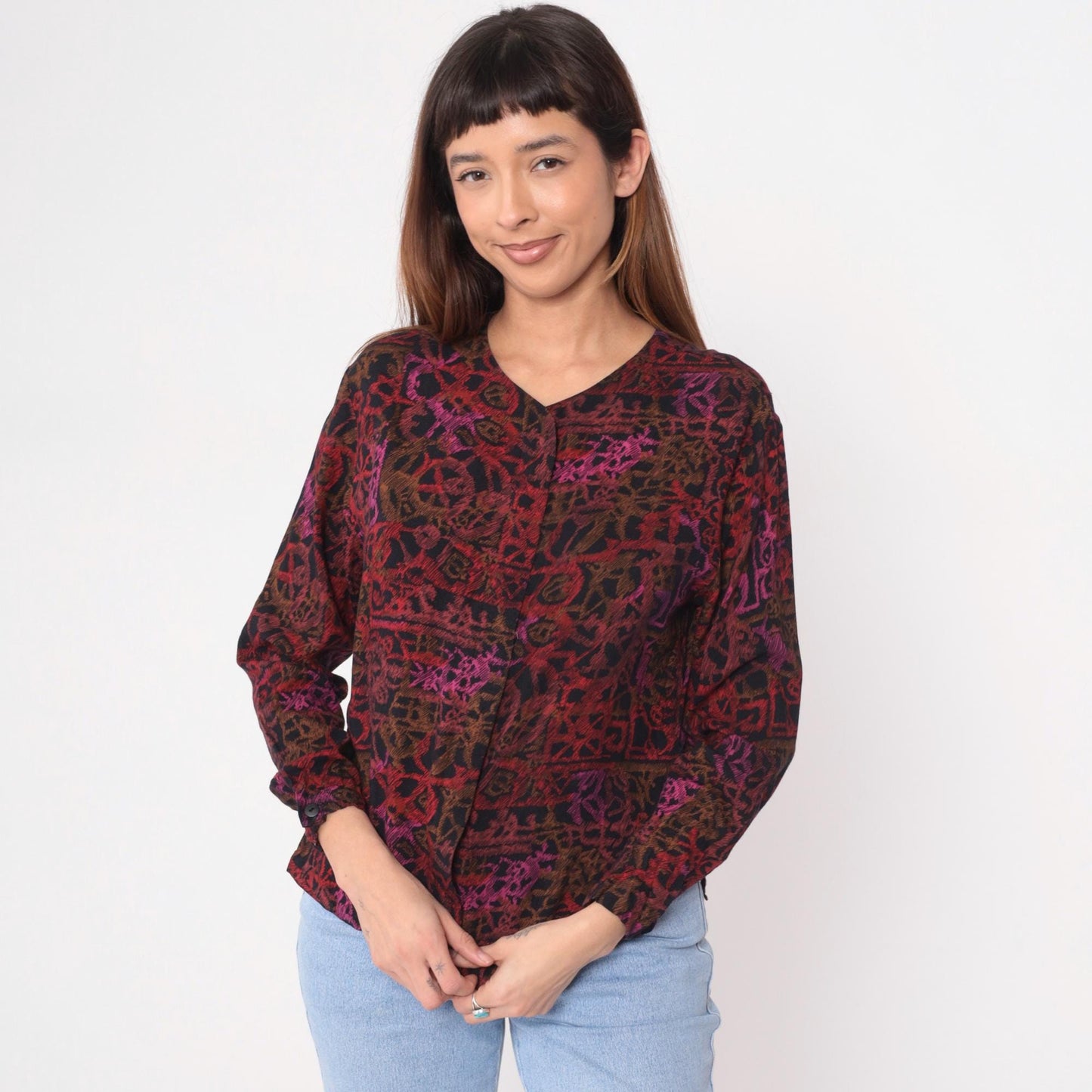 90s Melrose Sport Abstract Geometric Blouse V-Neck Burgundy Small S