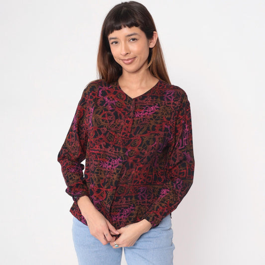 90s Melrose Sport Abstract Geometric Blouse V-Neck Burgundy Small S