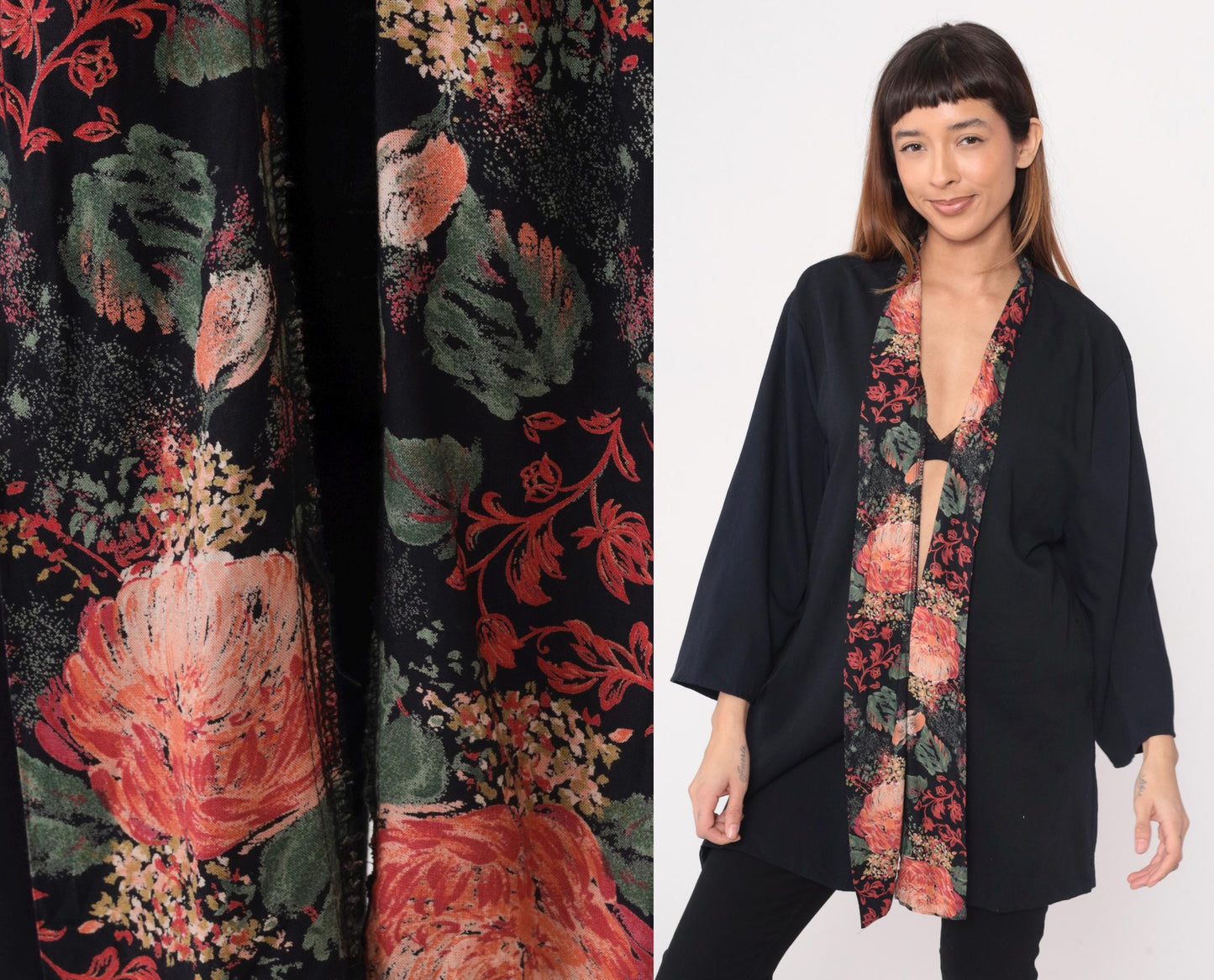 90s Black Kimono Cardigan Floral Rose Garden Trim Open Front Rayon Large