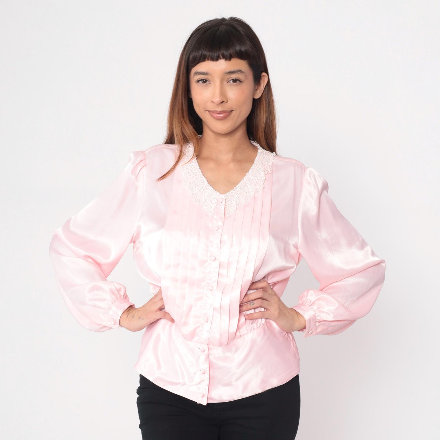 80s Pink Blouse White Lace Collar Pintuck Pleated Button-Up Large L