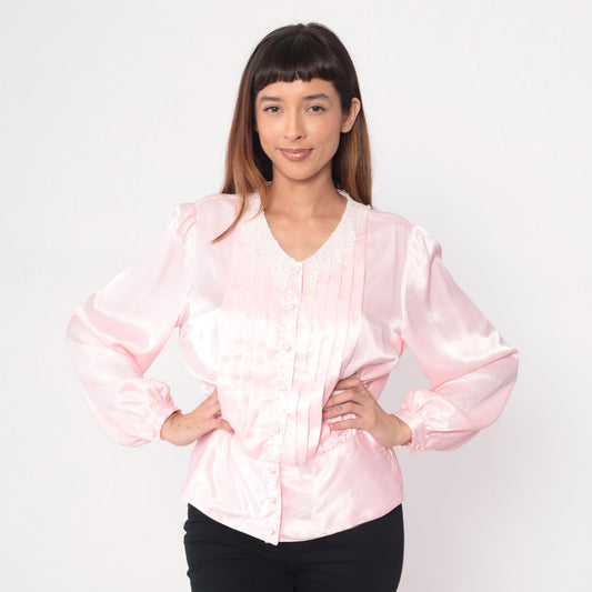 80s Pink Blouse White Lace Collar Pintuck Pleated Button-Up Large L