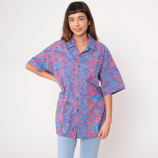 Y2K Johari West Abstract Batik Shirt Cotton Blue Pink Geometric Large L