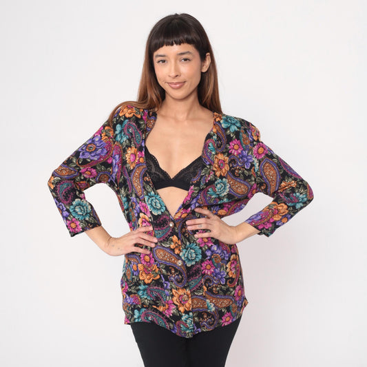 90s Rampage Paisley Floral Tunic Blouse Deep V Neck Rayon Black Purple Medium
