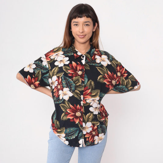 90s Black Hawaiian Shirt Tropical Floral Plumeria Rayon Blouse Medium M