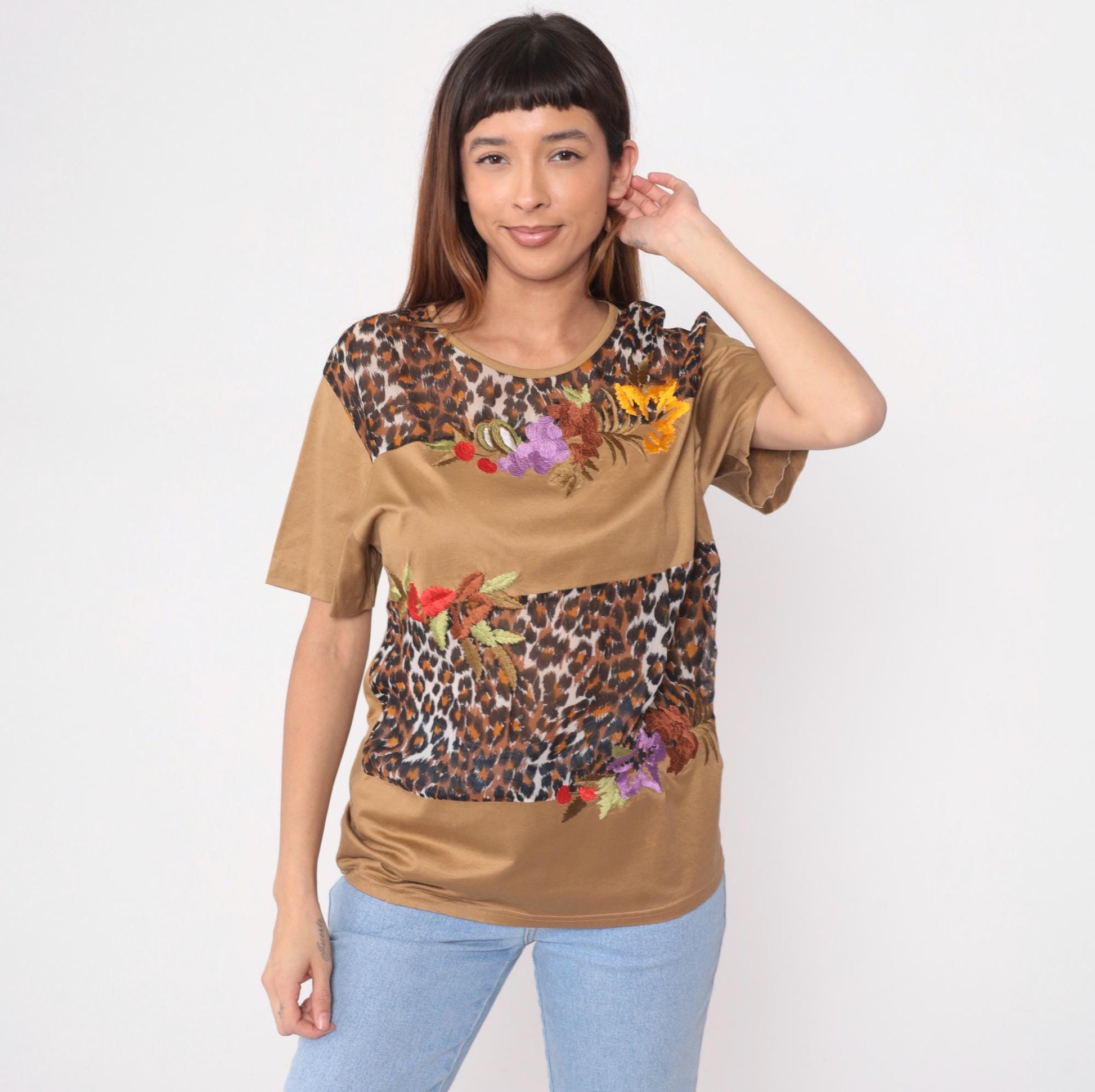 90s Morrissa Leopard Floral Embroidered Color Block Top Tan Large L