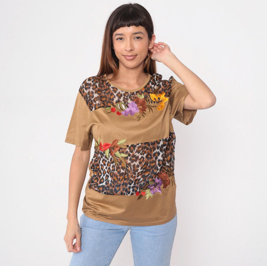 90s Morrissa Leopard Floral Embroidered Color Block Top Tan Large L