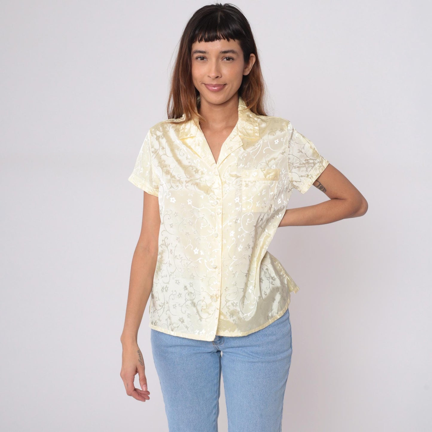 90s Cinema Etoile Cream Floral Button Blouse Short Sleeve Medium M