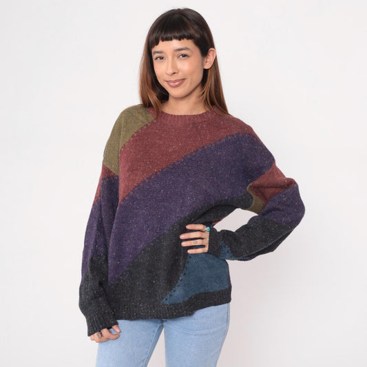 80s Method Colorblock Geometric Knit Sweater Crew Neck Large L